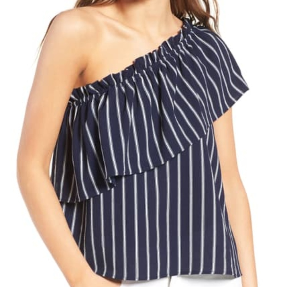 BP One-Shoulder Blue and White Striped Ruffle Top